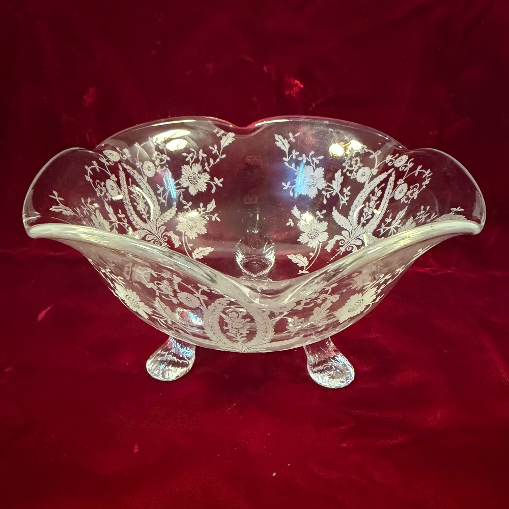 Fostoria June Clear Etched Glass Footed Bowl Ruffled Crimped Edge 6"